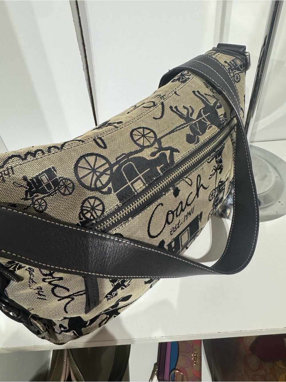 Coach Beige Canvas Signature Saddle Bag with Black Print - Picture 2 of 4